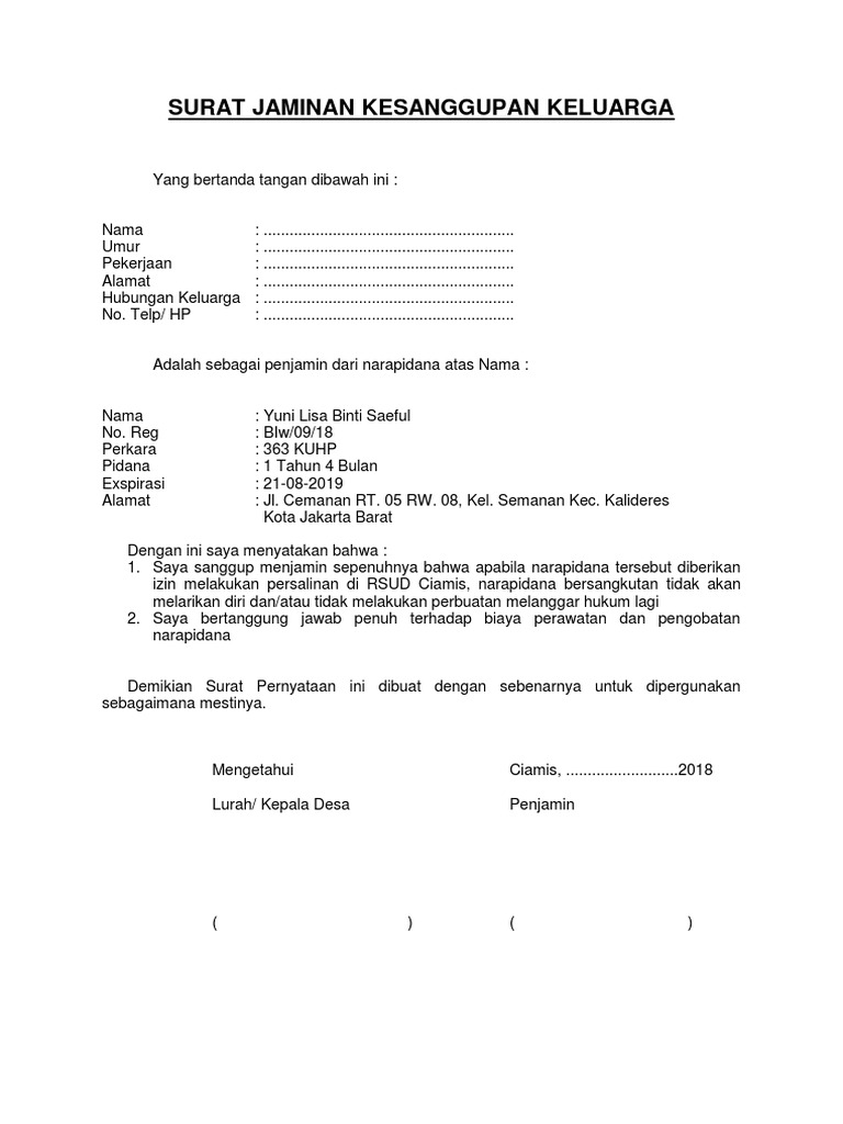 Surat Pernyataan Jaminan Keluarga Pdf