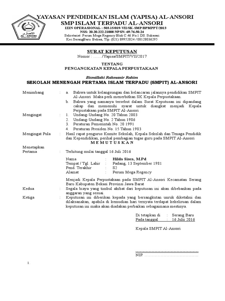10 Contoh SK Pengangkatan Pengelolah Perpustakaan Terbaru Format Word | PDF