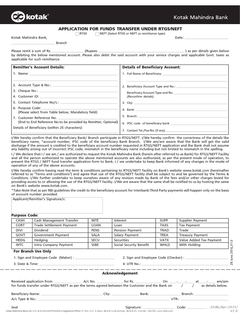 Kotak Mahindra Bank Rtgs Neft Form Pdf Payments Banks