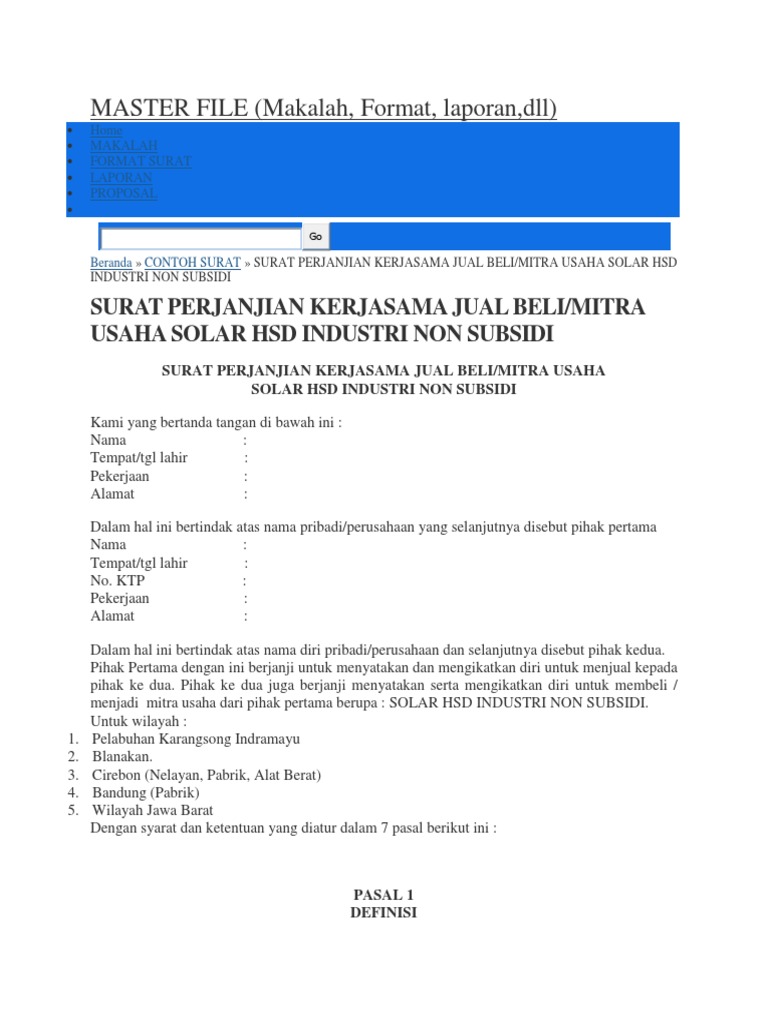 Contoh Surat Perjanjian Kerjasama Mitra Bisnis