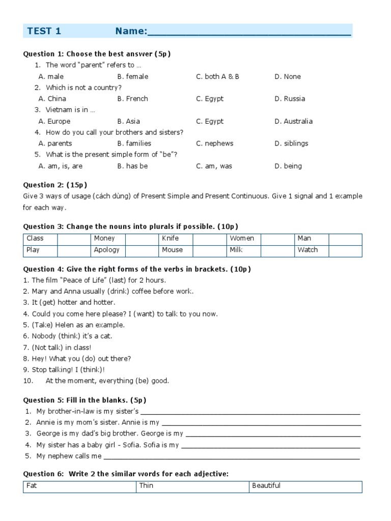 Beginner English Test PDF | PDF | Philology | Language Arts & Discipline