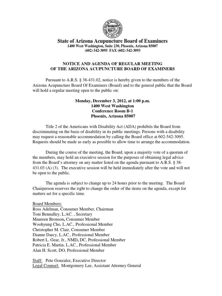 State of Arizona Acupuncture Board of Examiners PDF Agenda (Meeting
