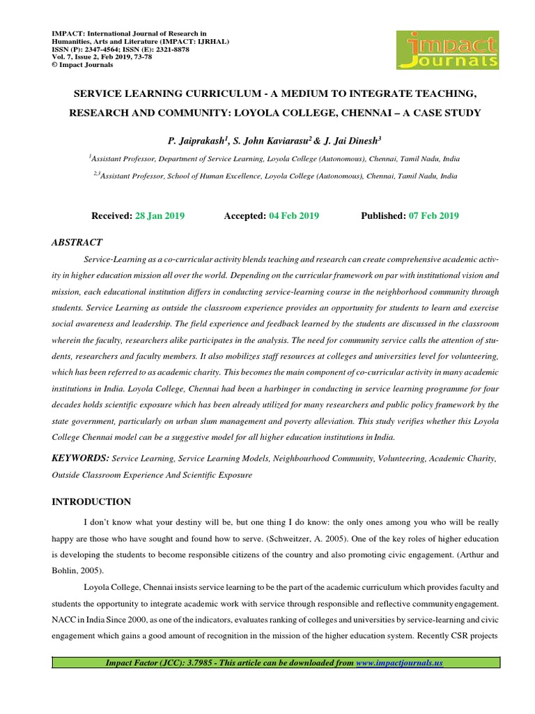 Service Learning Curriculum A Medium To Integrate Teaching Research and ...