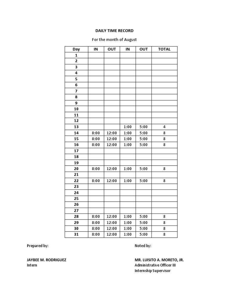 August Daily Time Record Template | PDF