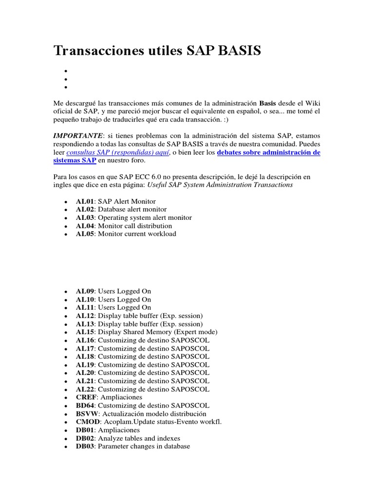 Transacciones Utiles SAP BASIS | PDF | Archivo de computadora | Gestión ...
