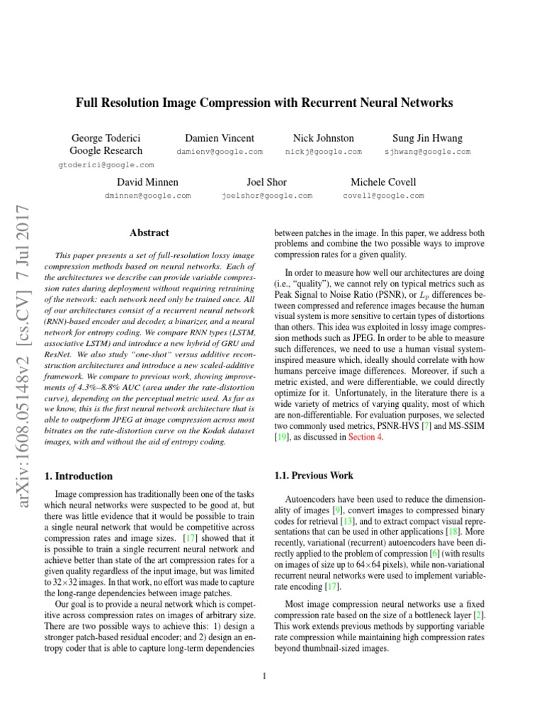Full Resolution Image Compression With Recurrent Neural Networks | PDF ...