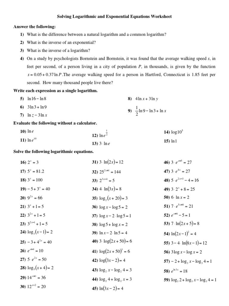 Solving Logarithmic and Exponential Equations Worksheet Newer Regarding Solving Logarithmic Equations Worksheet
