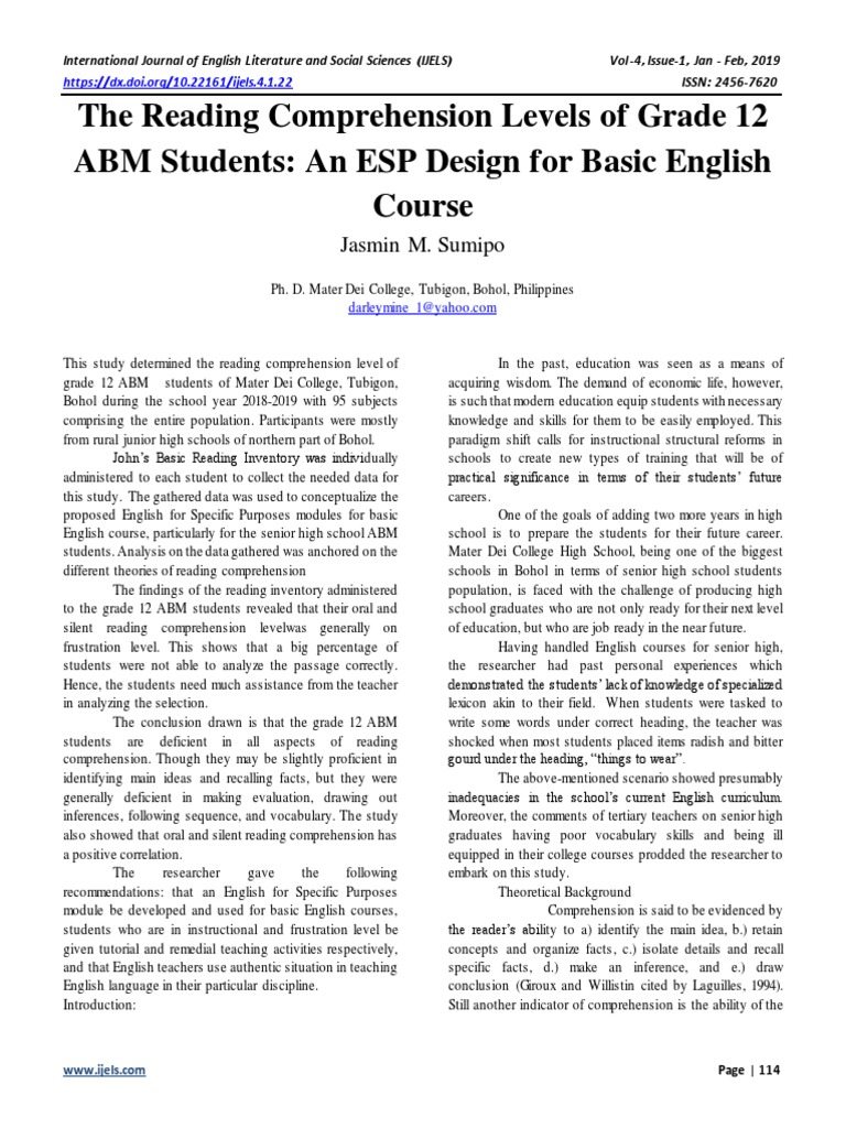 The Reading Comprehension Levels of Grade 12 ABM Students: An ESP