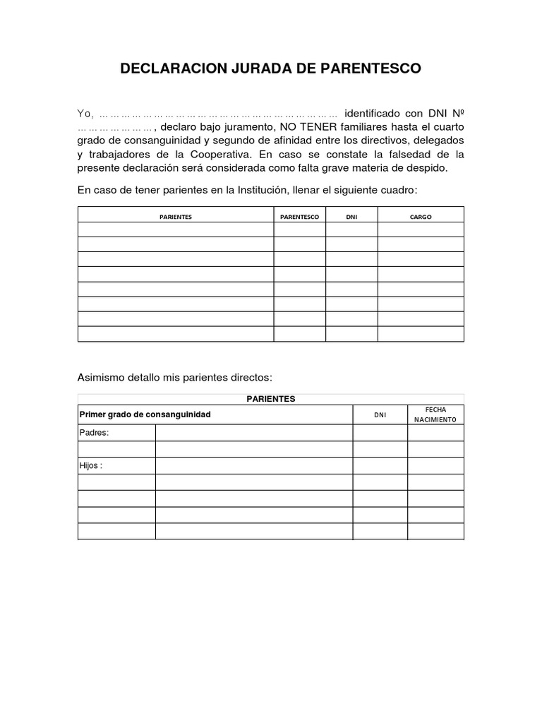 Declaración Jurada de Parentesco | PDF