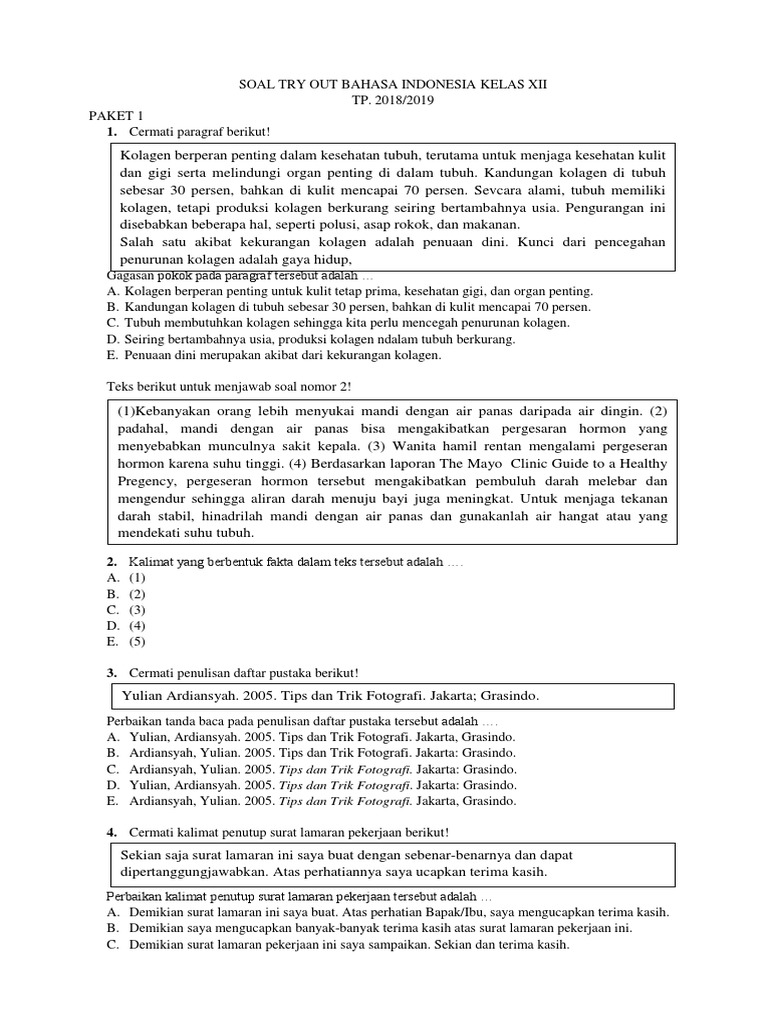 Soal To B Ind Kelas Xii Smk 2019 Paket 1