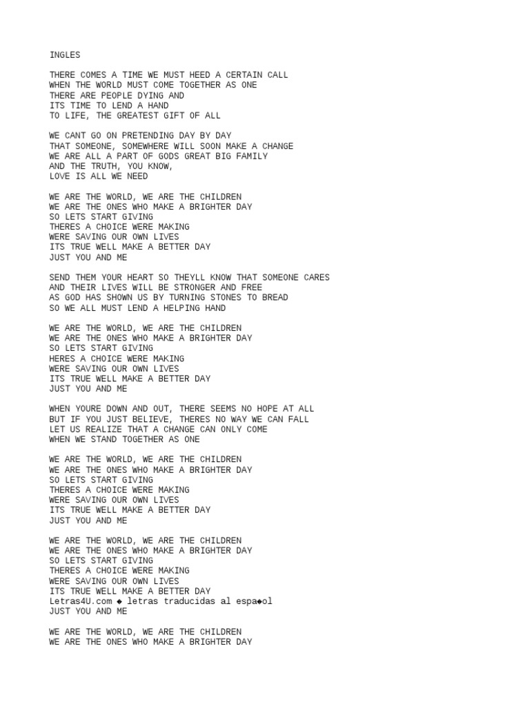 We Are The World Lyrics Usa For Africa
