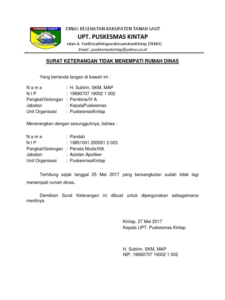 Surat Keterangan Tidak Menempati Rumah Dinas