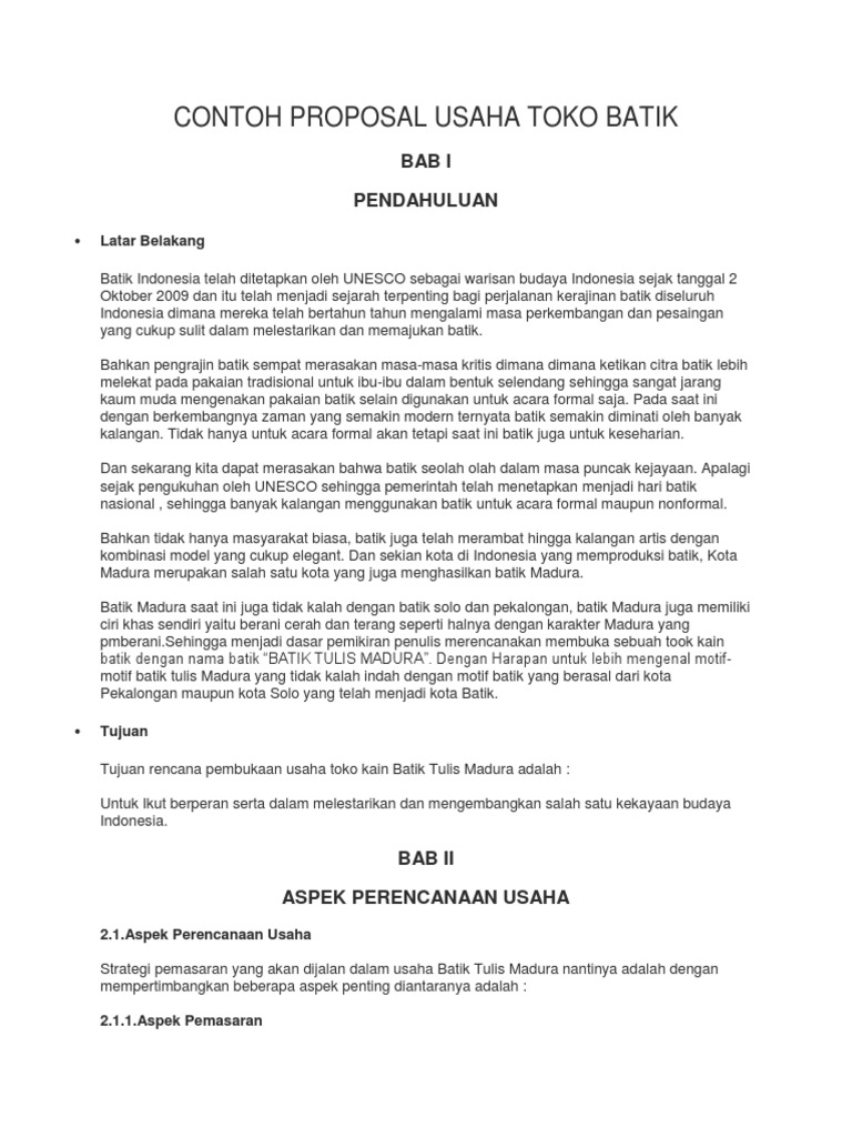 Contoh Proposal Usaha Toko Batik
