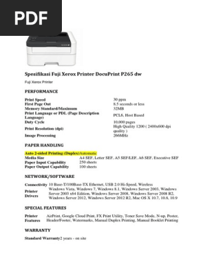 Fuji Xerox DocuPrint P265dw Specs | PDF
