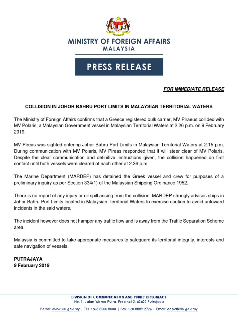 20190209 Press Release Collision In Johor Bahru Port Limits