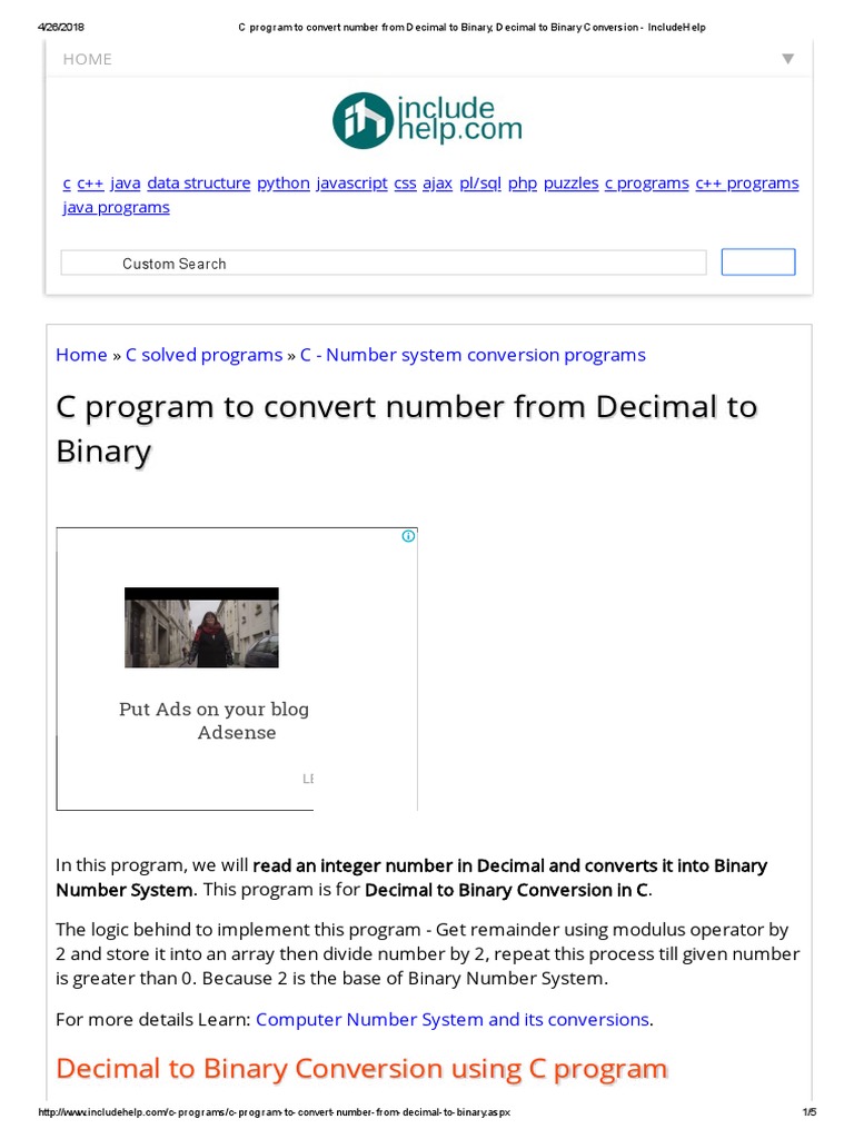 C Program To Convert Number From Decimal To Binary, Decimal To Binary ...