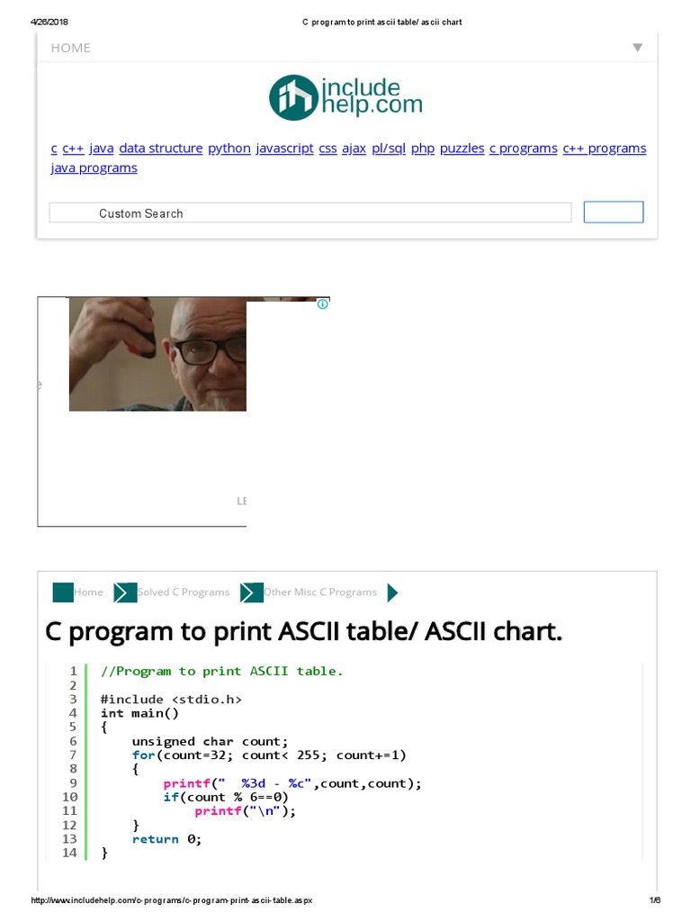 C Program To Print Ascii Table Ascii Chart C Programming Language String Computer Science