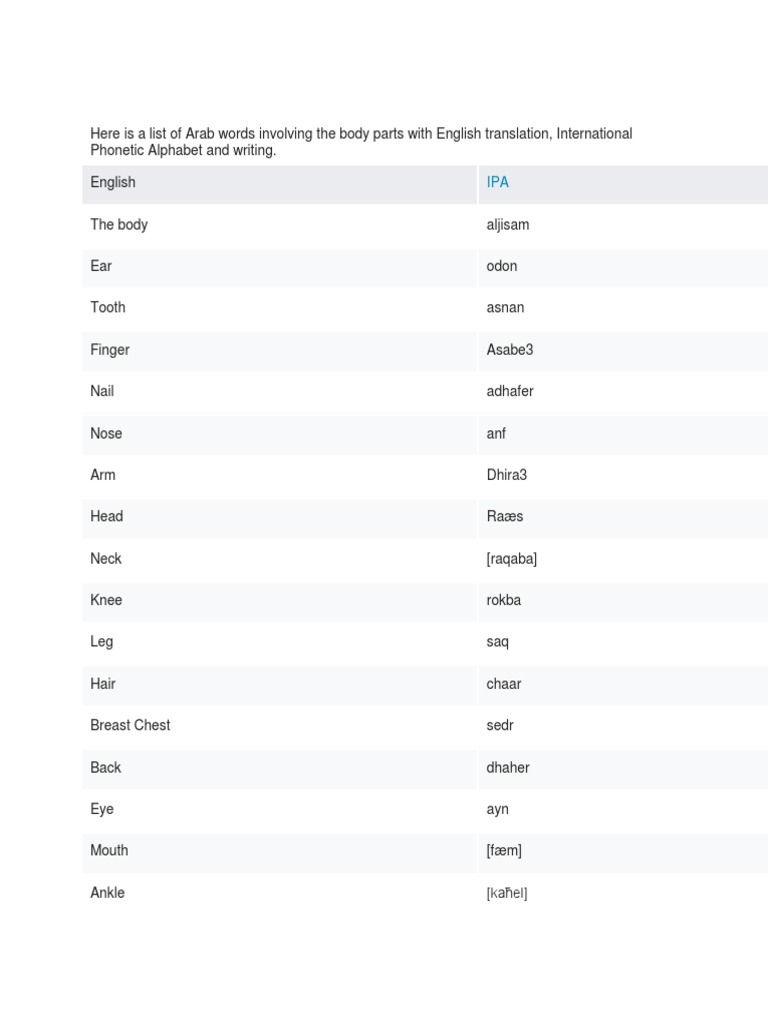 Body Parts In Arabic Pdf