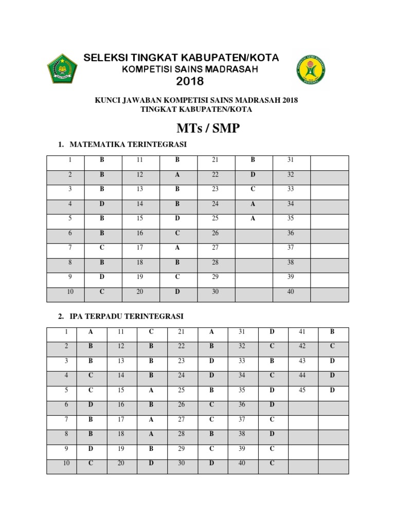 Jawaban Soal Ksm Mts