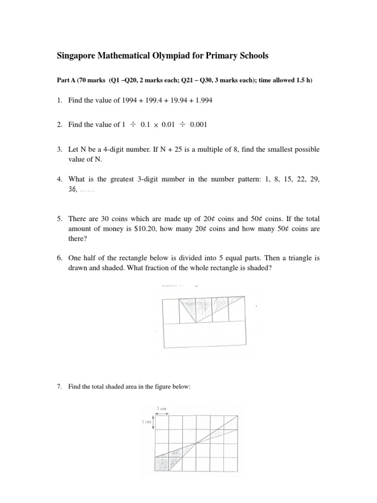 Singapore Mathematical Olympiad For Primary Schools | Pdf | Area | Elementary Mathematics