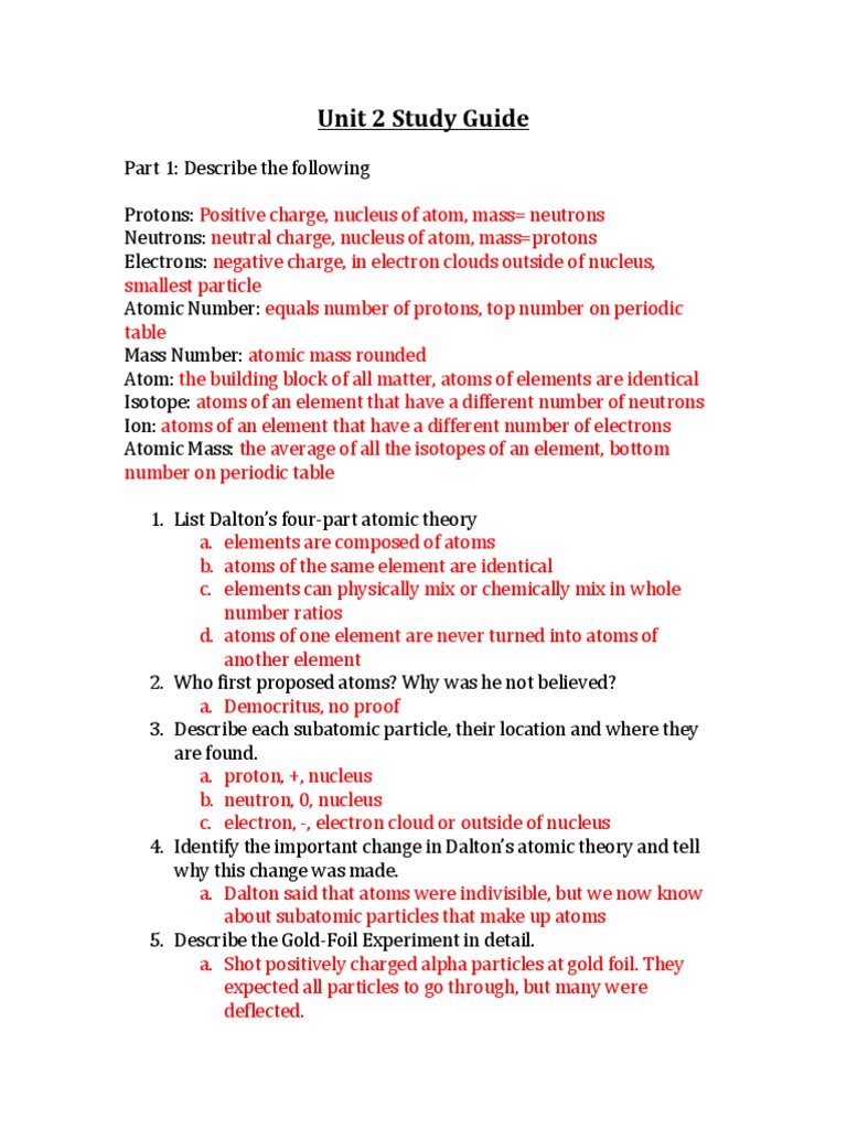Unit 2 Chemistry Study Guide Answers | PDF | Atoms | Atomic Nucleus