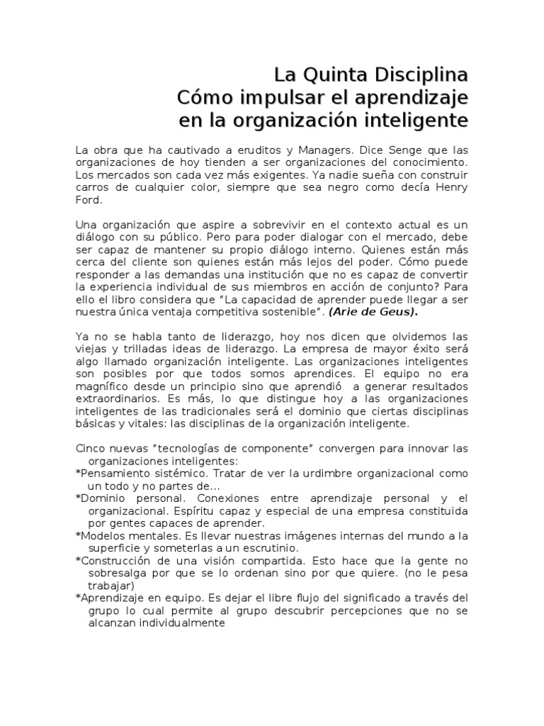 Resumen Del Libro La Quinta Disciplina Mente Aprendizaje