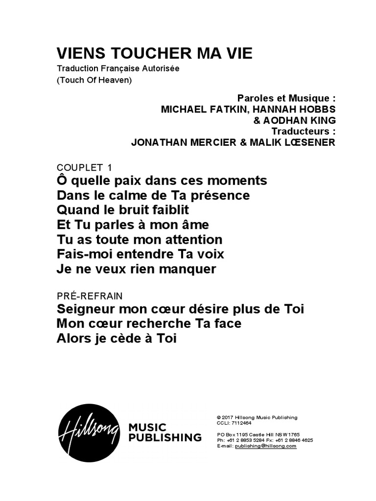 Hillsong En Français Viens Toucher Ma Vie Paroles