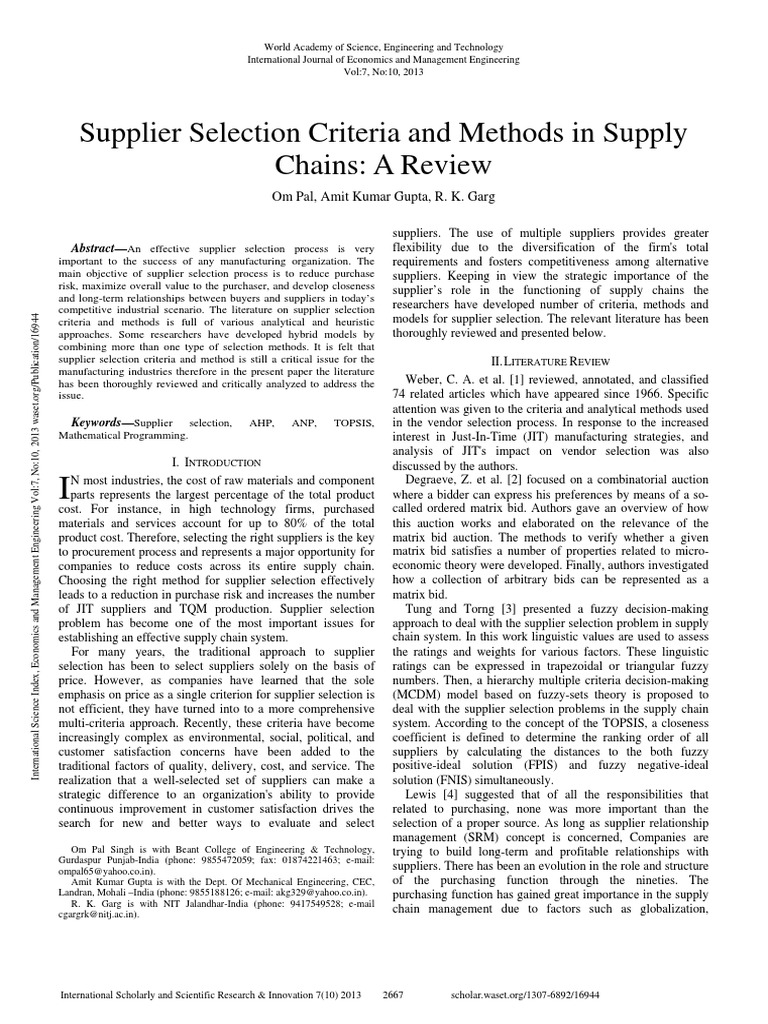 Supplier Selection in Manufacturing | PDF | Supply Chain | Economics
