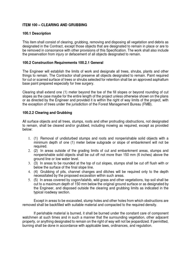 Clearing and Grubbing Specifications | PDF | Construction Aggregate | Road