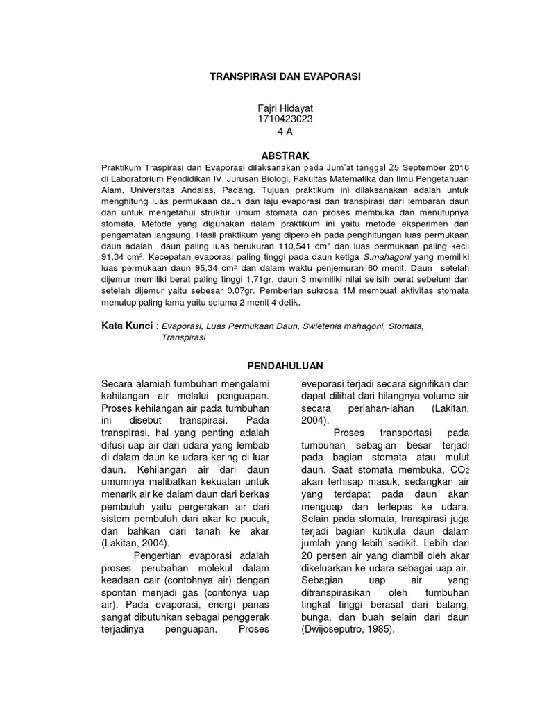 Mengukur Laju Evaporasi dan Transpirasi pada Daun Swietenia mahagoni | PDF