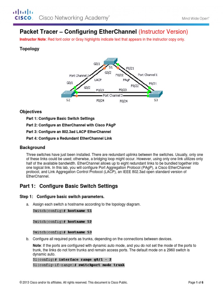 3.2.1.3 Packet Tracer - Configuring EtherChannel Instructions - IG PDF ...