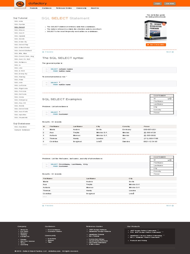 SQL SELECT Statement - Examples | PDF | Sql | Data Management