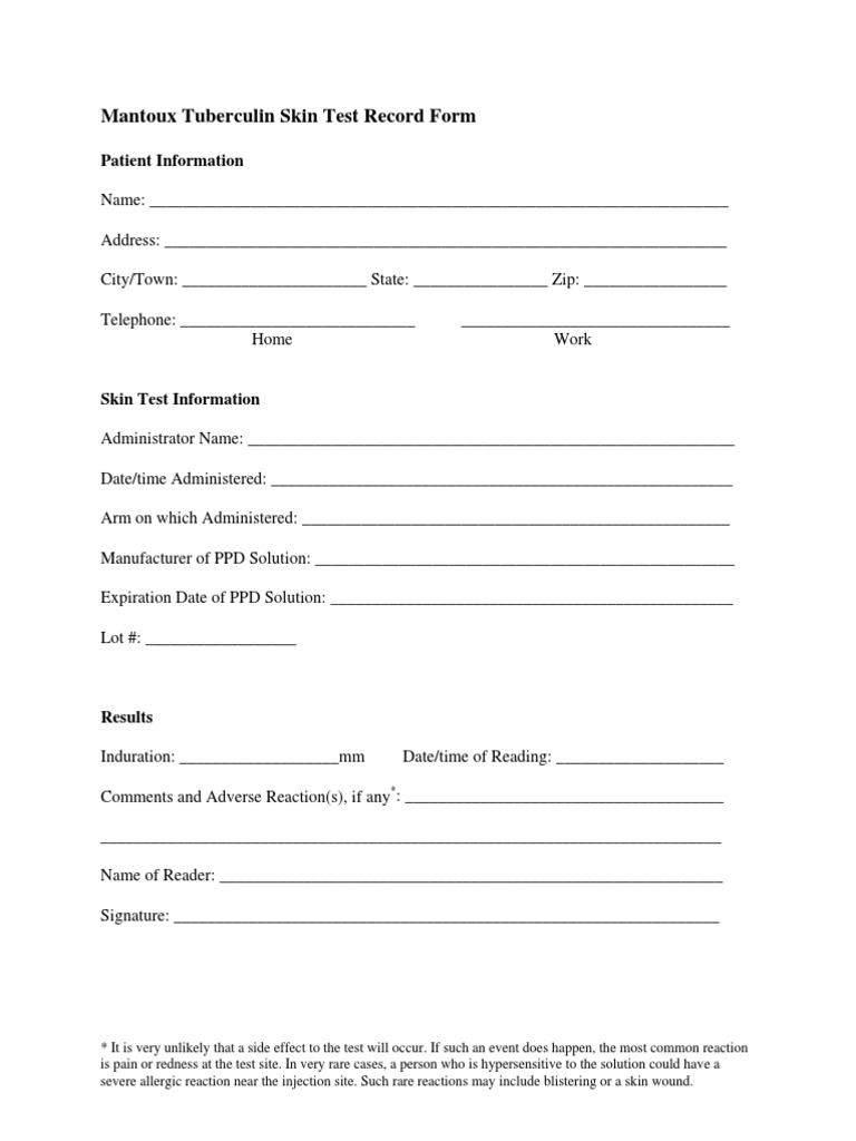 Printable Mantoux TB Test Form | PDF