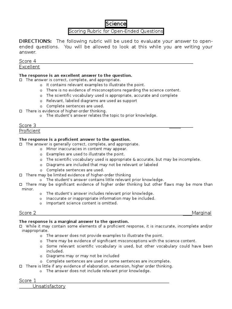 Open-Ended Question Rubric  PDF  Question  Rubric (Academic)