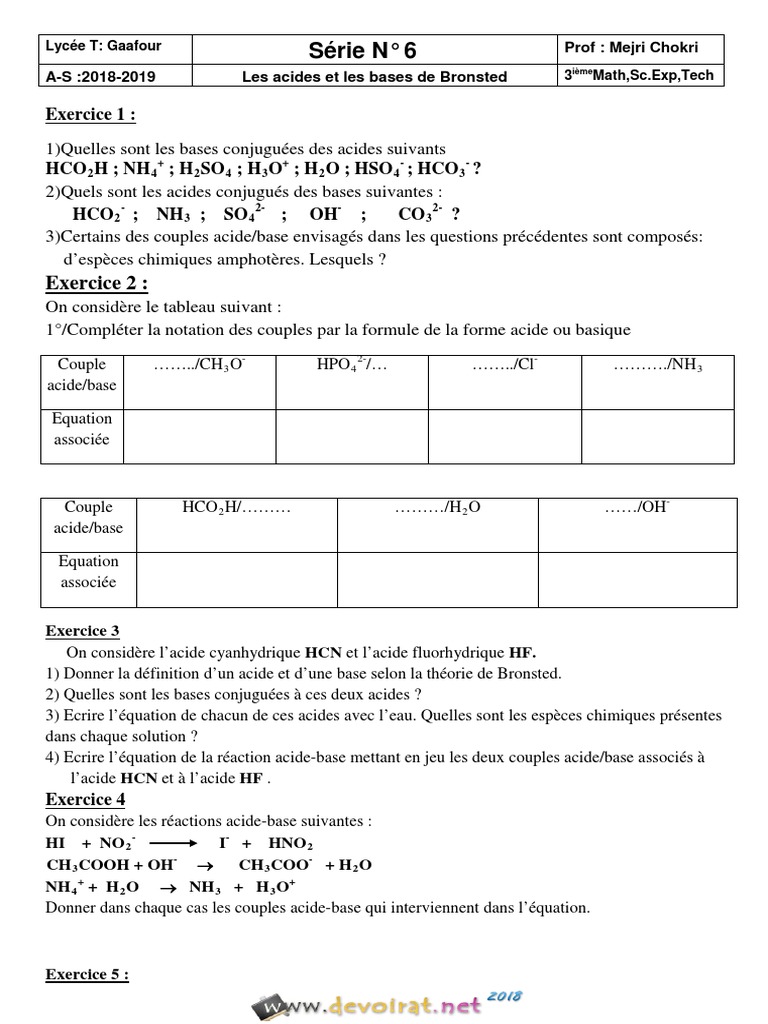 Solution Acide Et Basique 3ème Exercice Corrigé Série d'exercices - Chimie - Les acides et les bases de Bronsted - 3ème