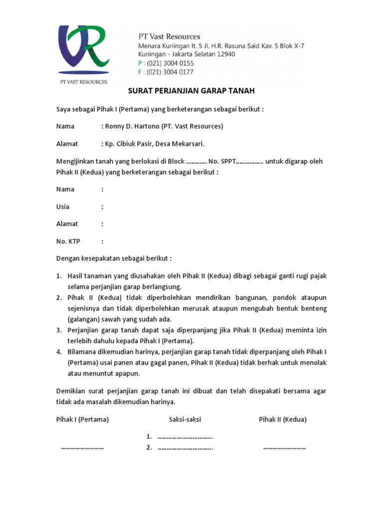 Surat Perjanjian Garap Tanah