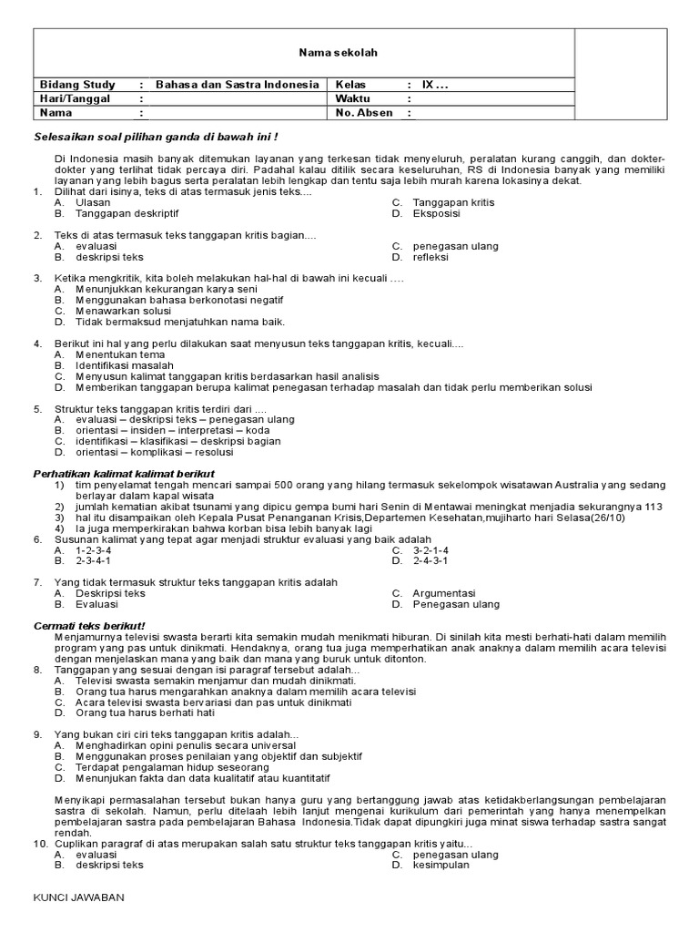 Soal Teks Tanggapan Kelas Ix Smp Mts Kurikulum 2013 Revisi Doc