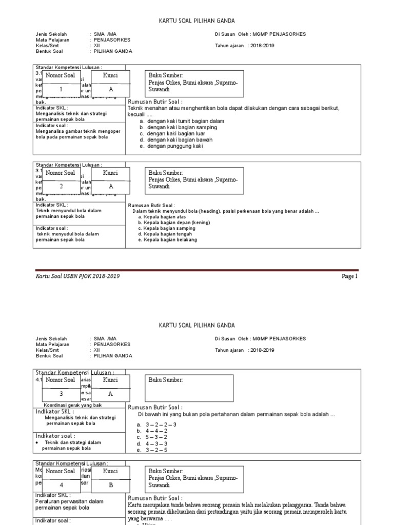 Kartu Soal USBN Penjas 2019 Ok