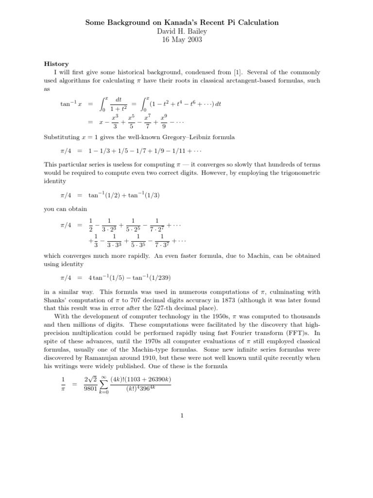 Some Background On Kanada's Recent Pi Calculation History PDF Pi