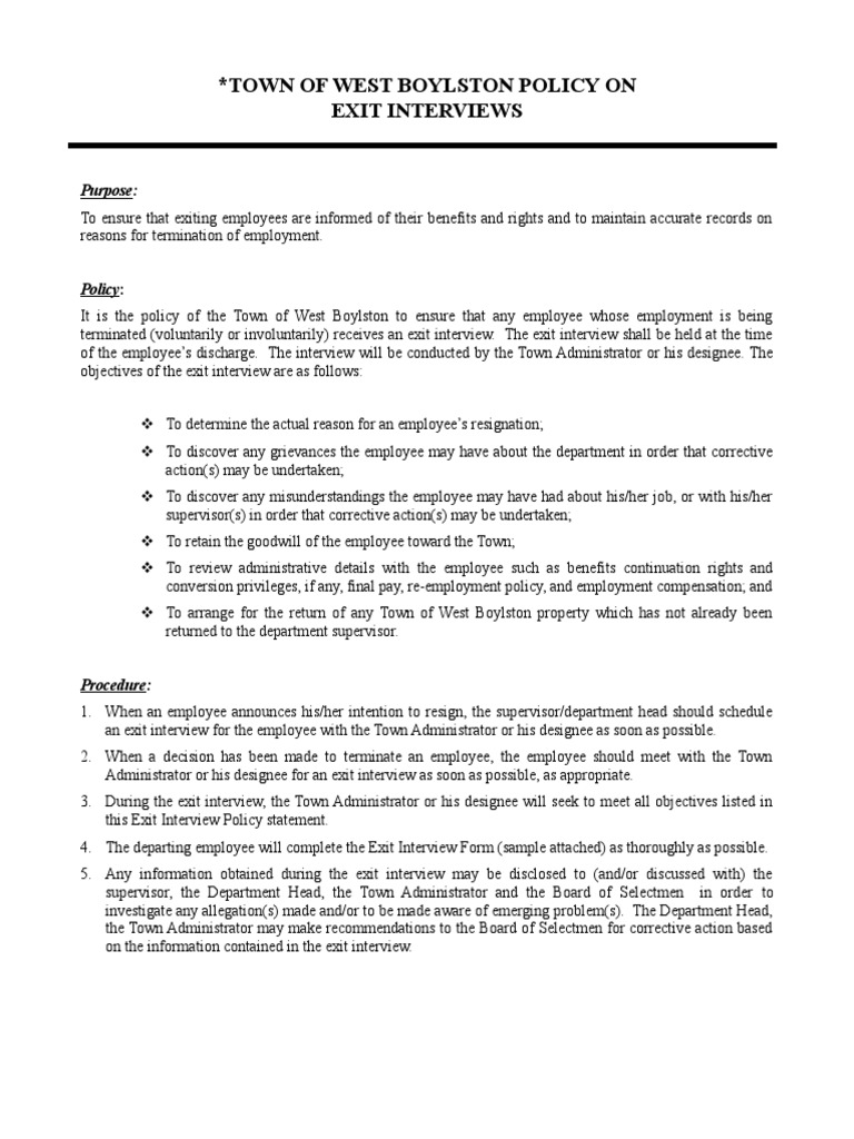 Town of West Boylston Policy On Exit Interviews Purpose PDF Employee Benefits Employment