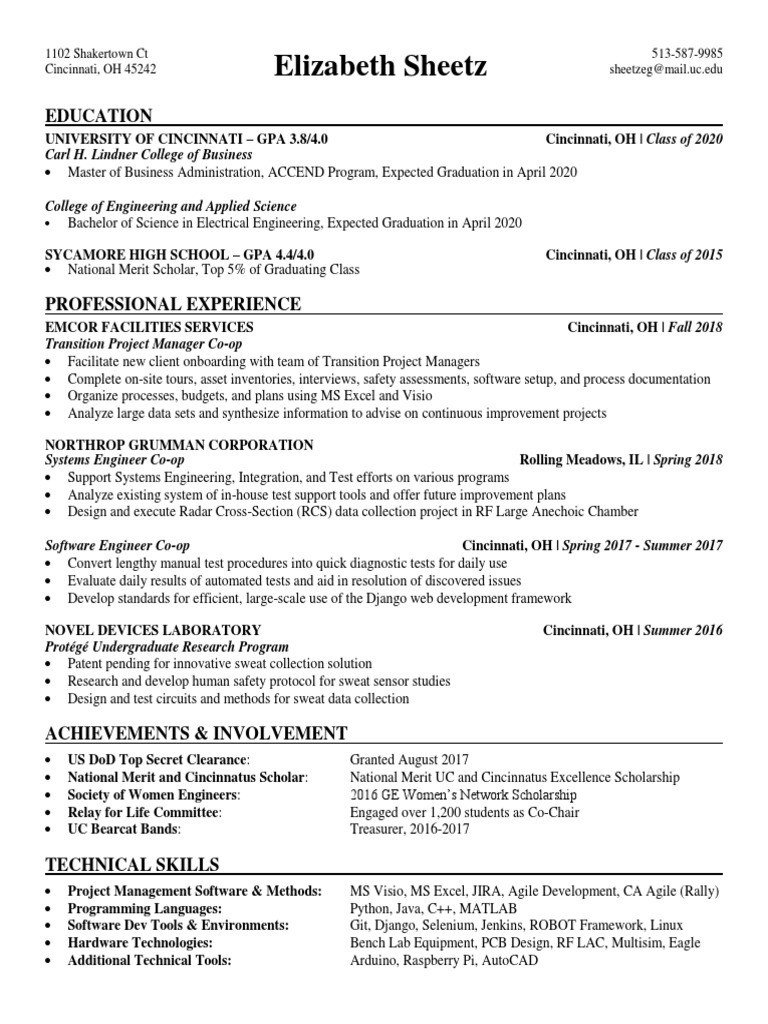Sheetz Elizabeth Resume 2019 Feb 24 PDF Engineering Laboratories
