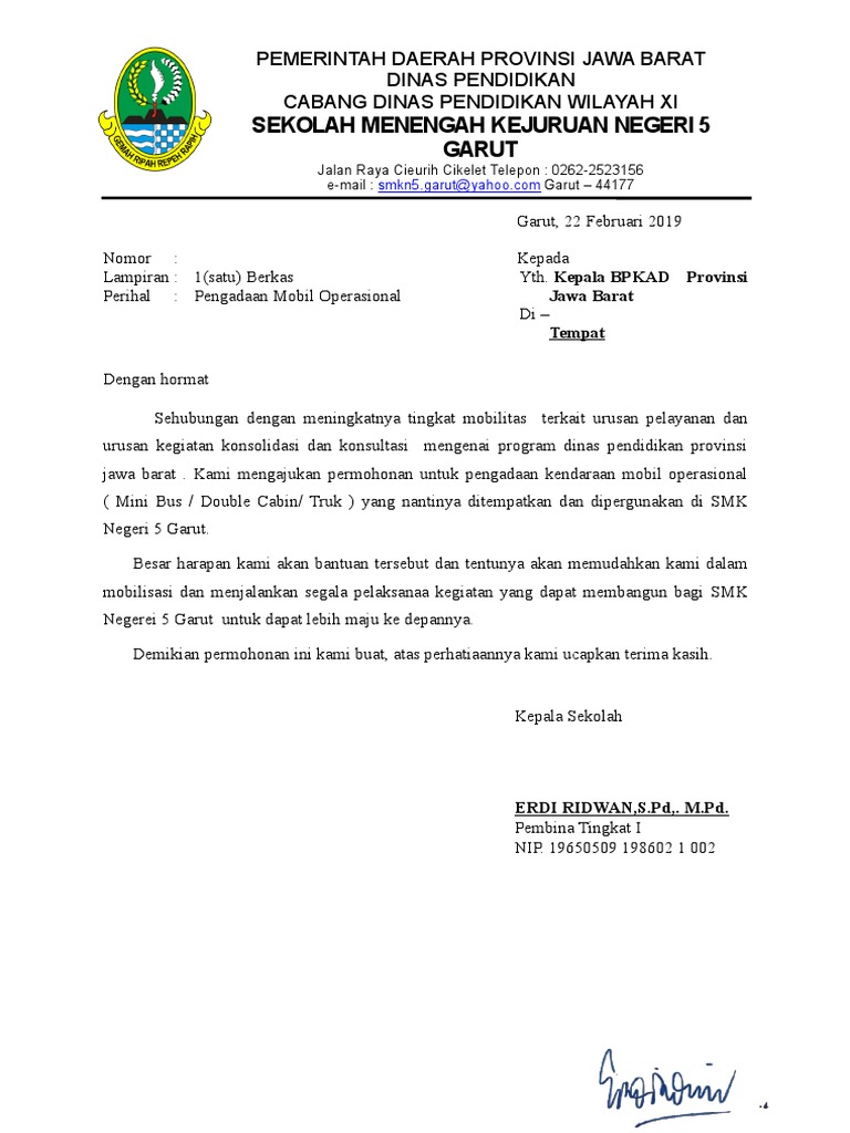 Contoh Surat Permohonan Pembelian Kendaraan Kerajaan