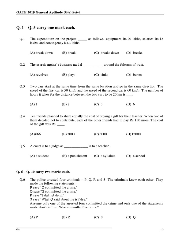 Q. 1 - Q. 5 Carry One Mark Each.: GATE 2019 General Aptitude (GA) Set-6 ...