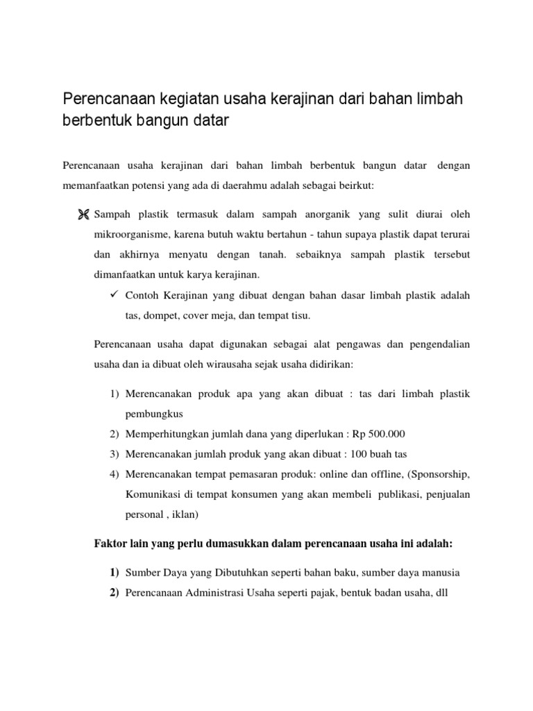 Perencanaan Kegiatan Usaha Kerajinan Dari Bahan Limbah Berbentuk Bangun Datar