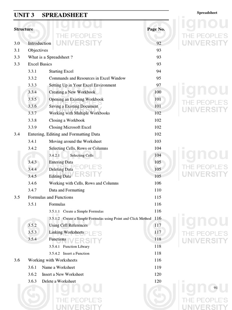 Unit 3 Spreadsheet: Structure Page No | PDF | Spreadsheet | Microsoft Excel