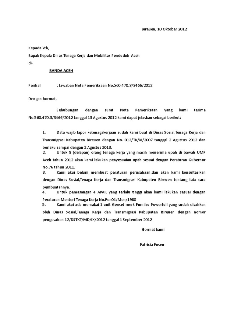 Jawaban Nota Pemeriksaan