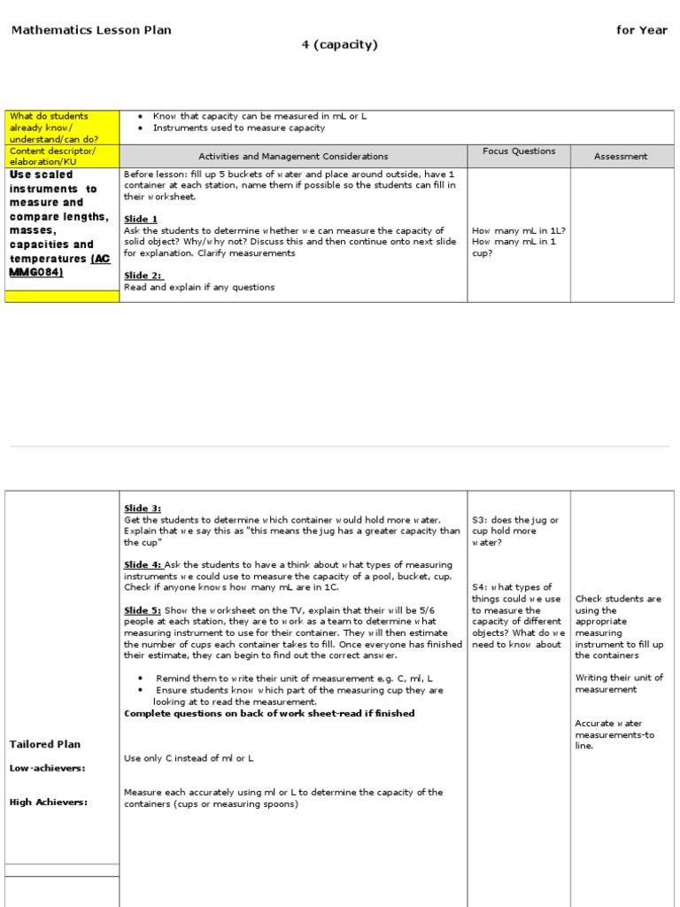 Mathematics Lesson Plan For Year 4 Capacity Pdf Measuring