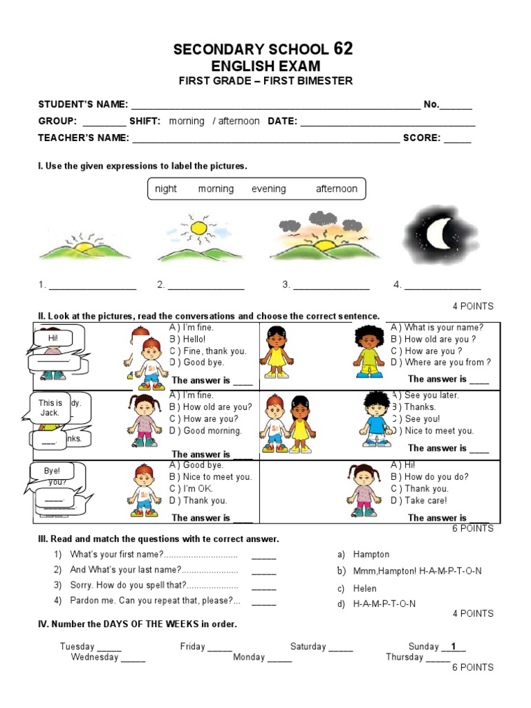 Examen de Ingles primer grado bloque I England