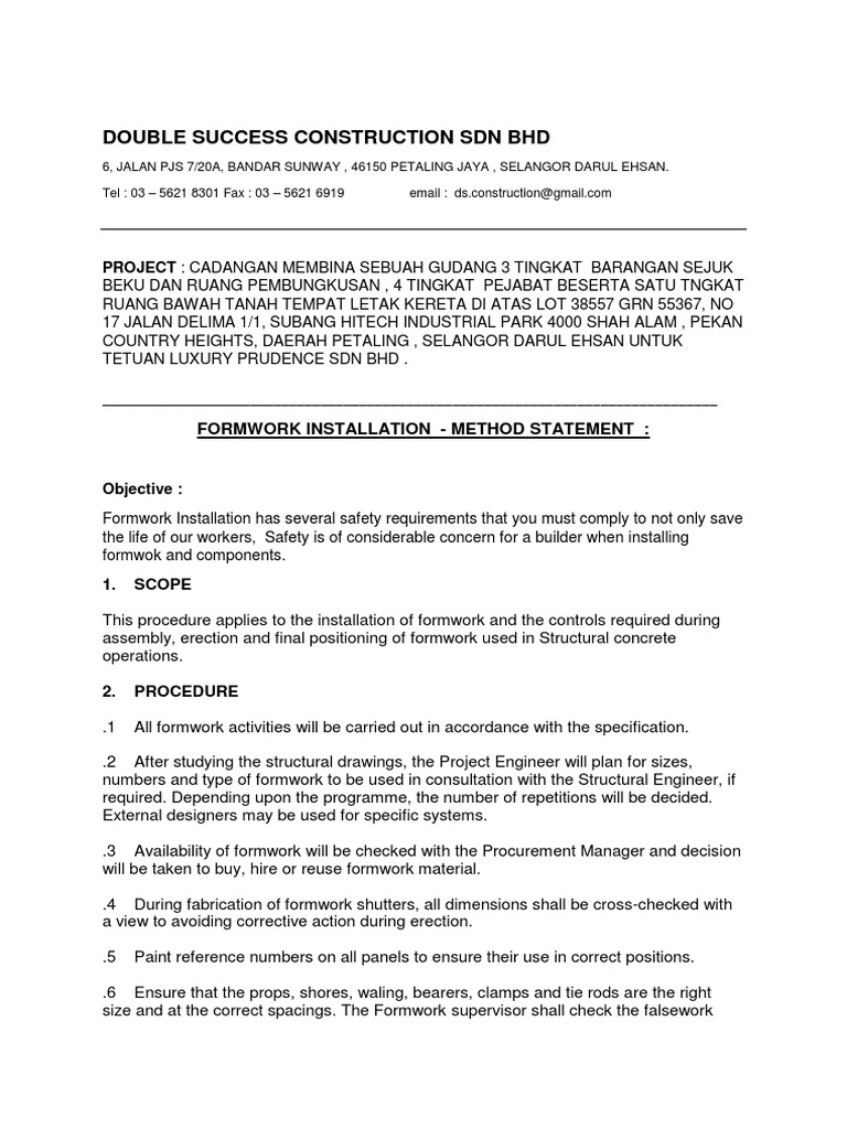 Formwork Installation MS. | PDF | Civil Engineering | Building Engineering