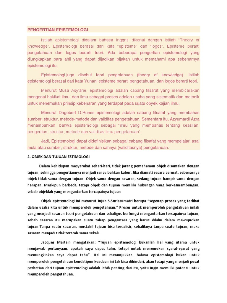 Pengertian Epistemologi 2 Objek Dan Tujuan Estimologi